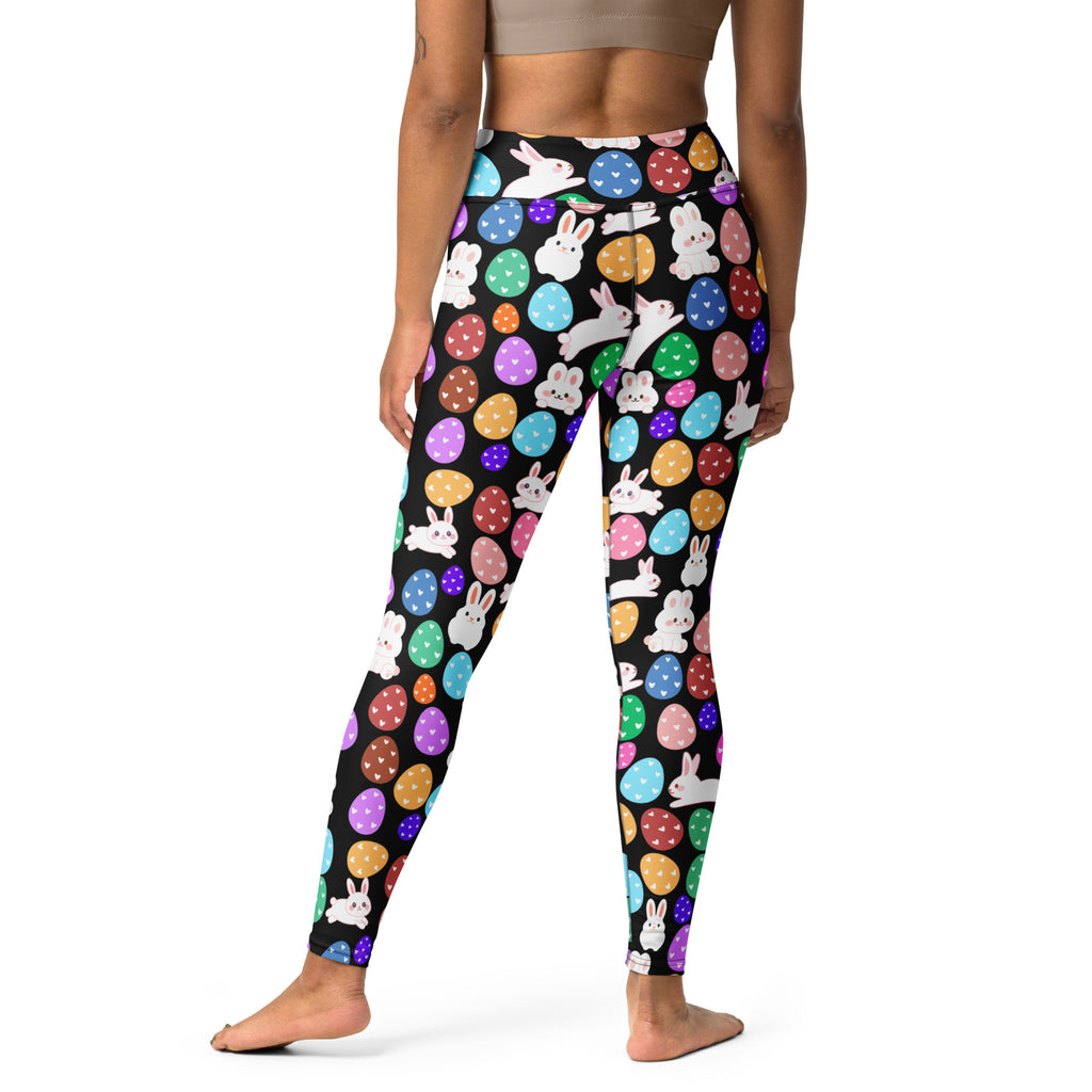 Women’s black buttery soft high waisted yoga leggings with colorful easter eggs and white bunnies pattern