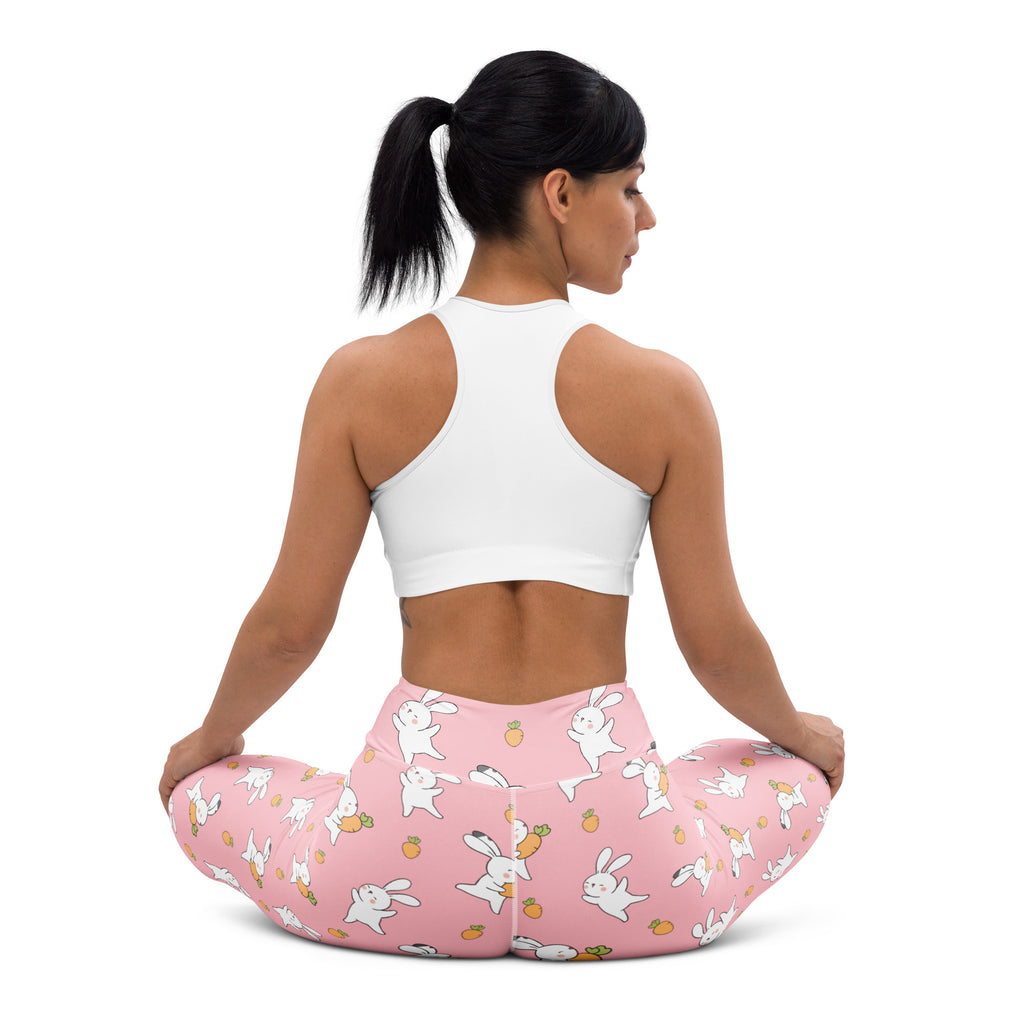 Women’s pink high waisted buttery soft yoga leggings with white bunny and pineapple pattern for easter comfort