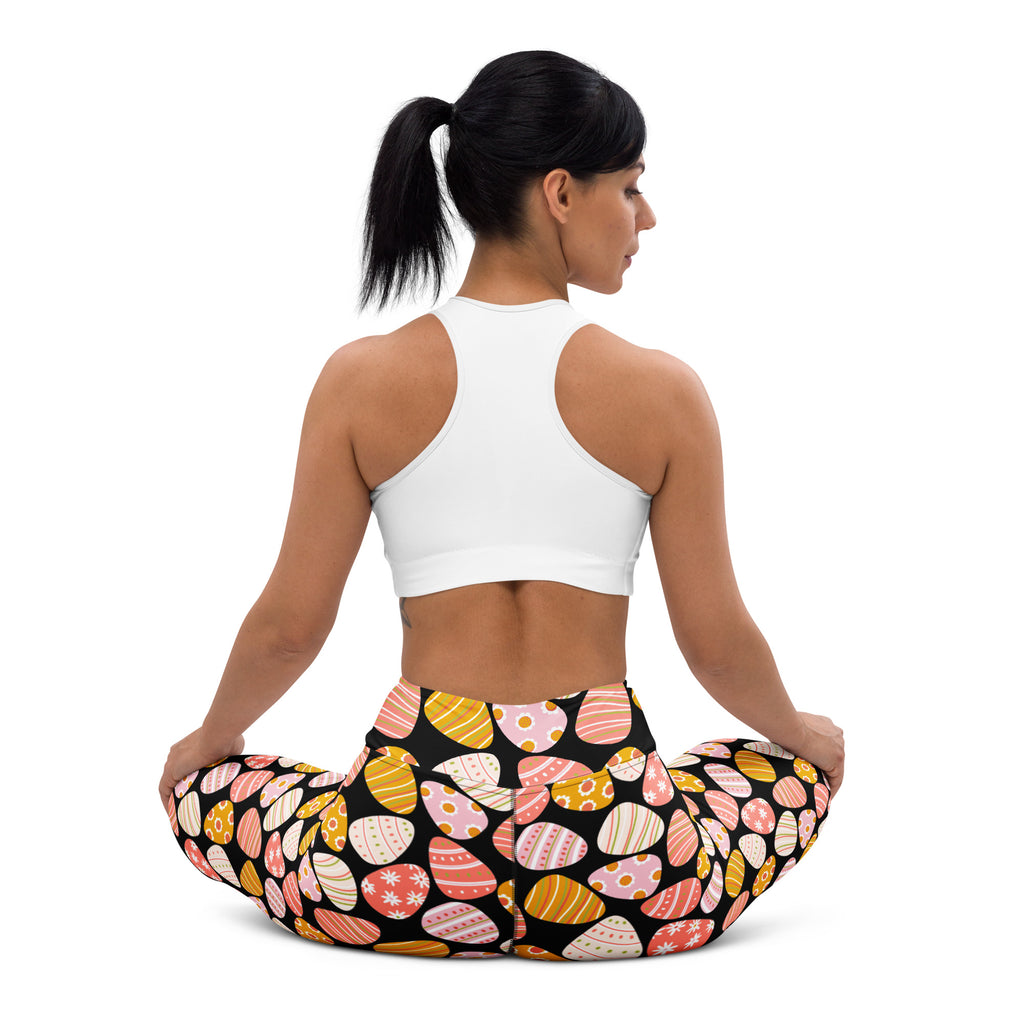 Women’s coral Easter egg buttery soft black leggings with pastel and mustard yellow pattern for yoga and quick drying