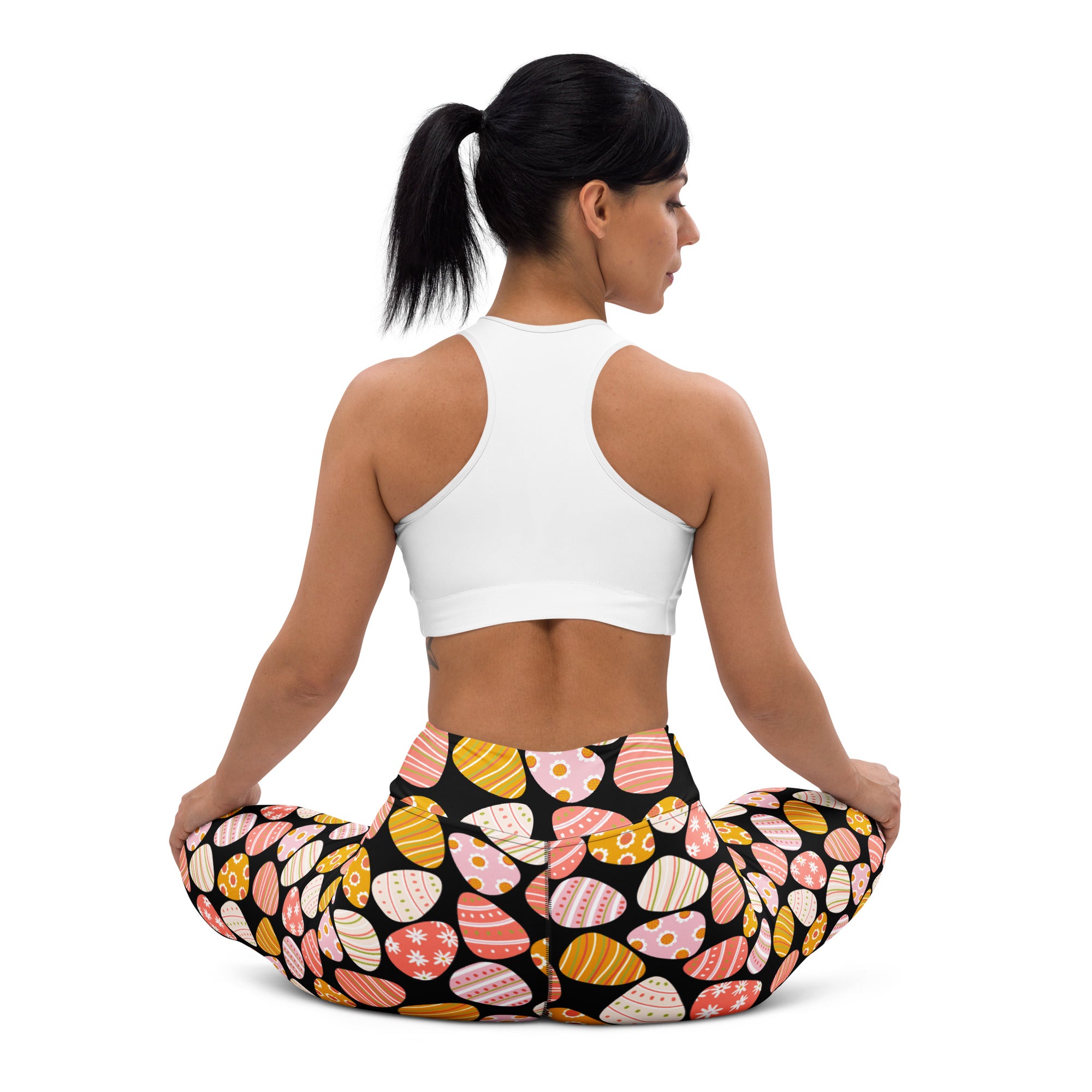 Women’s coral Easter egg buttery soft black leggings with pastel and mustard yellow pattern for yoga and quick drying