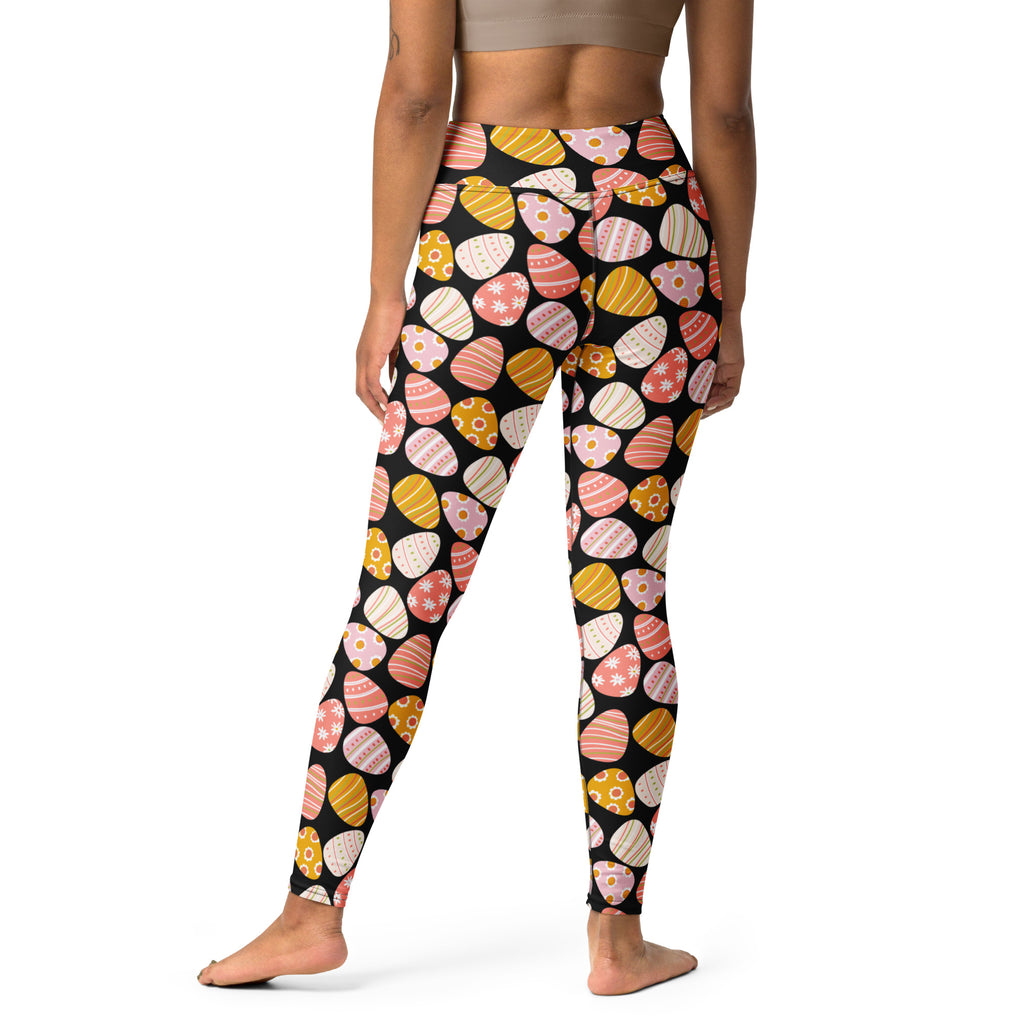 Women’s coral easter egg buttery soft black leggings with colorful patterned eggs quick drying high waisted comfort