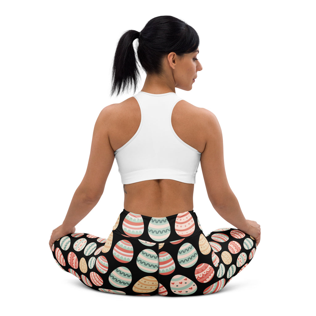 Women’s black buttery soft yoga leggings with colorful pastel striped easter egg pattern high waisted quick drying