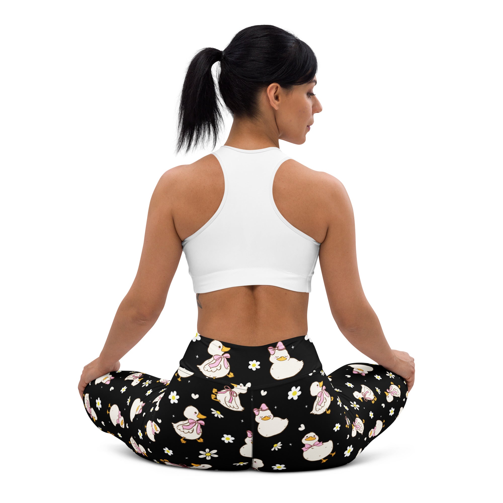 Black women’s cute duck buttery soft yoga leggings with white ducks pink bows and yellow flowers quick drying high waisted