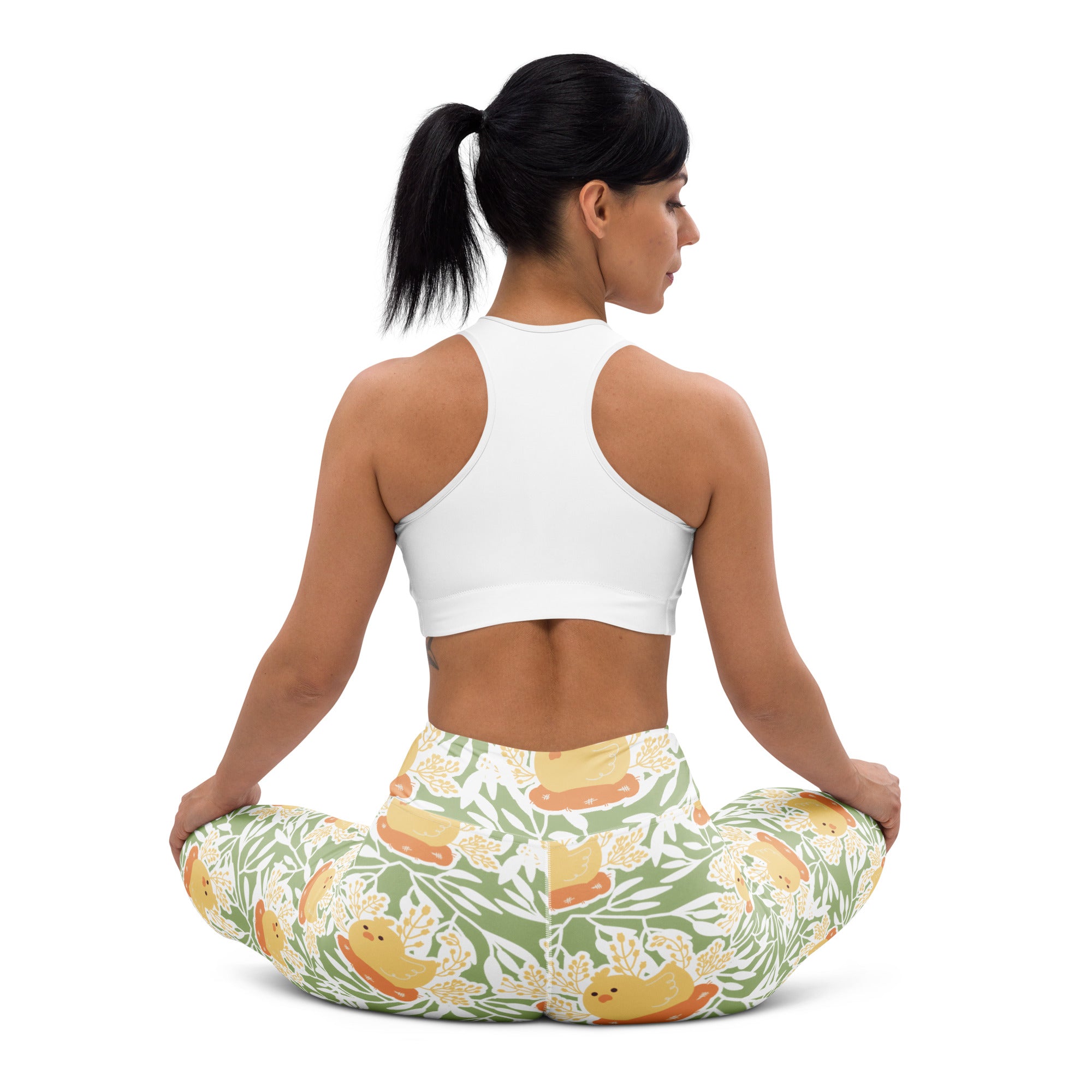 Women’s spring chick green and yellow duck-themed buttery soft yoga leggings with botanical pattern and high waisted comfort