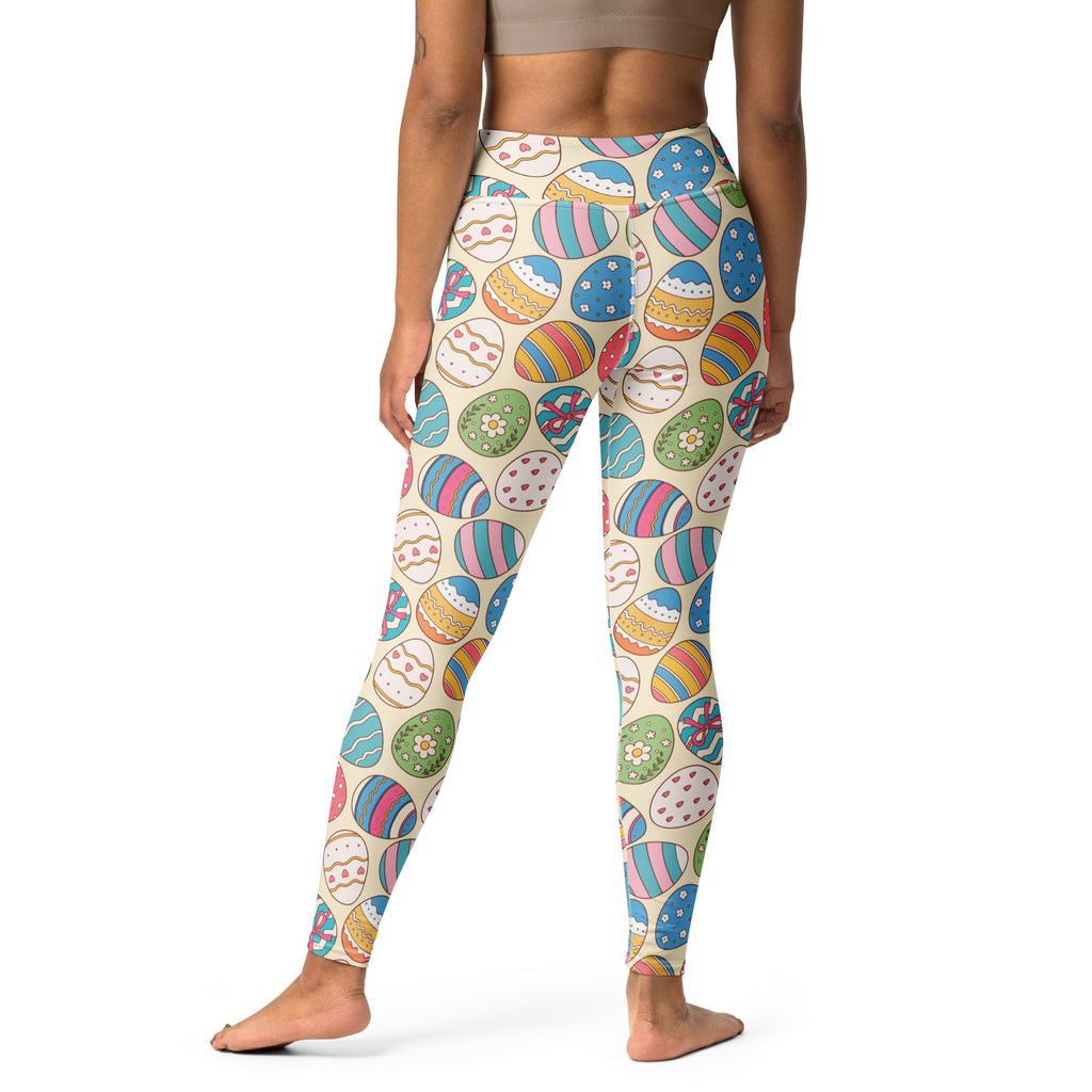 Beige buttery soft women’s leggings with colorful cartoon-style easter egg print high waisted and quick drying