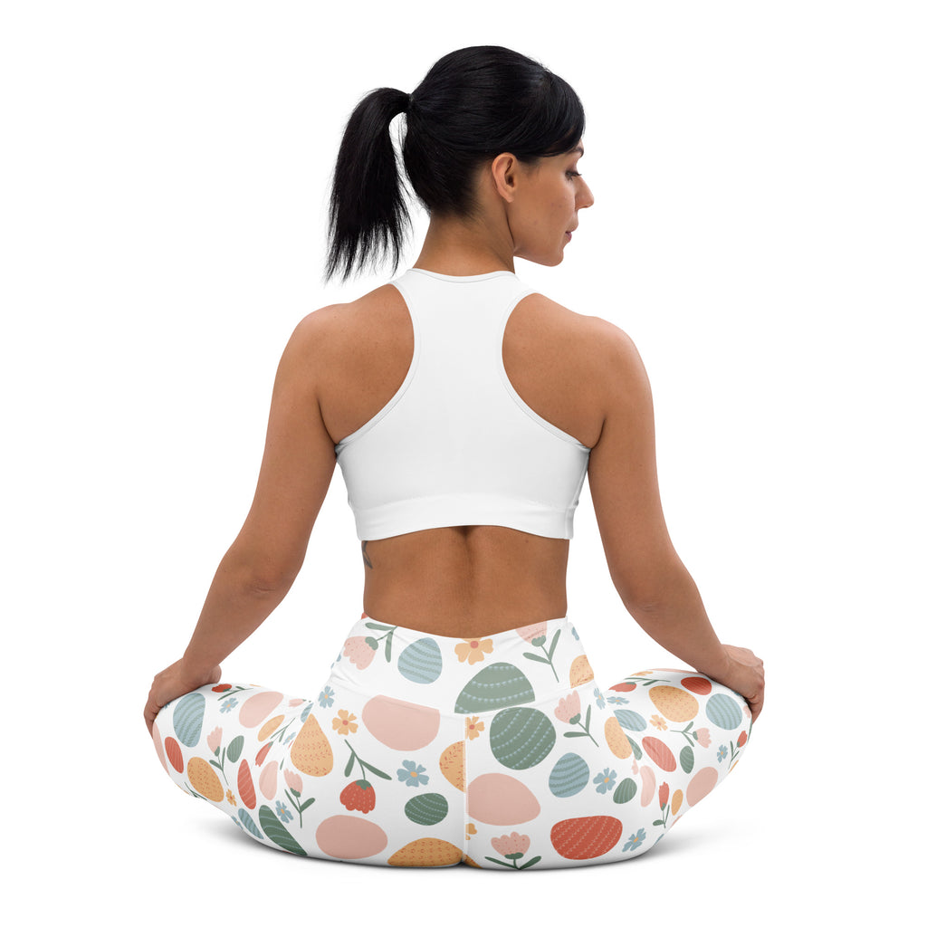 Women’s high waisted white buttery soft yoga leggings with pastel floral and abstract pattern for quick drying comfort