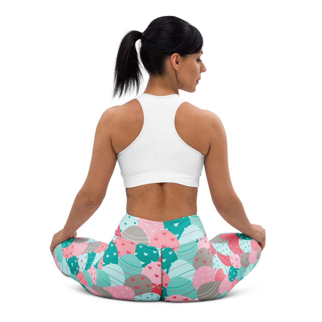 Women’s pink teal and gray patterned buttery soft yoga leggings with hearts high waisted quick drying comfort