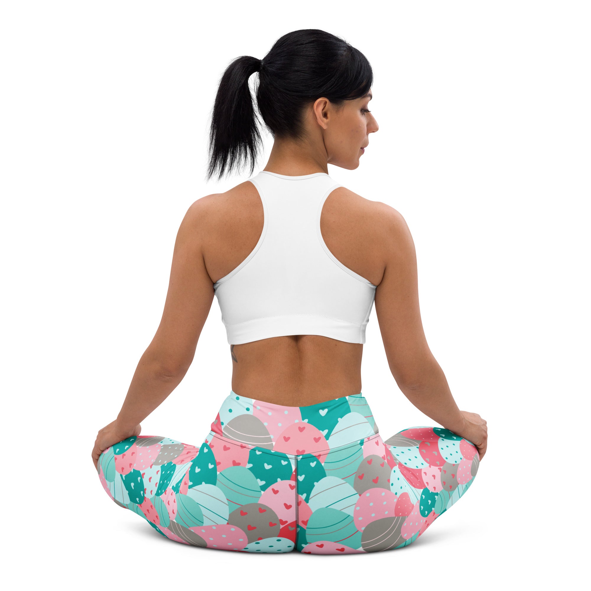 Women’s pink teal and gray patterned buttery soft yoga leggings with hearts high waisted quick drying comfort