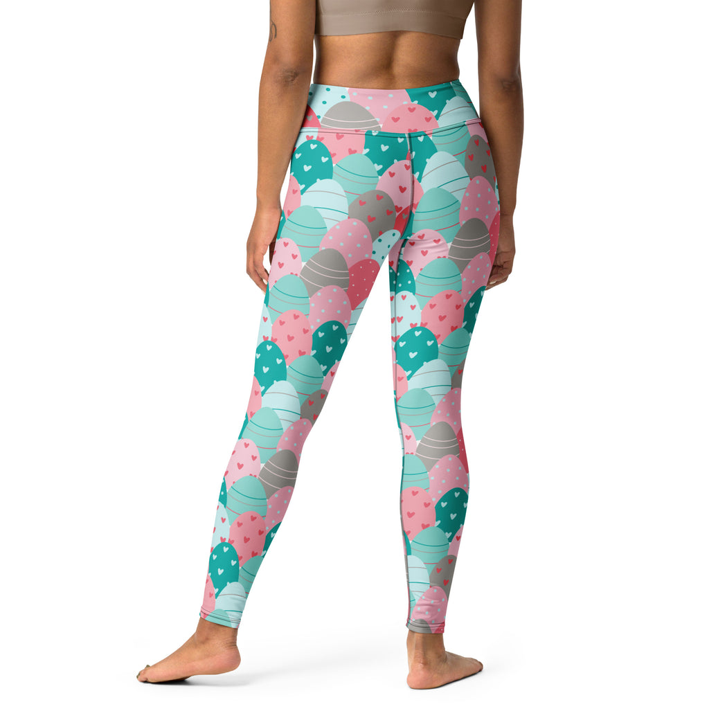 Women’s pink and teal Easter egg high waisted buttery soft yoga leggings with quick drying fabric and heart details