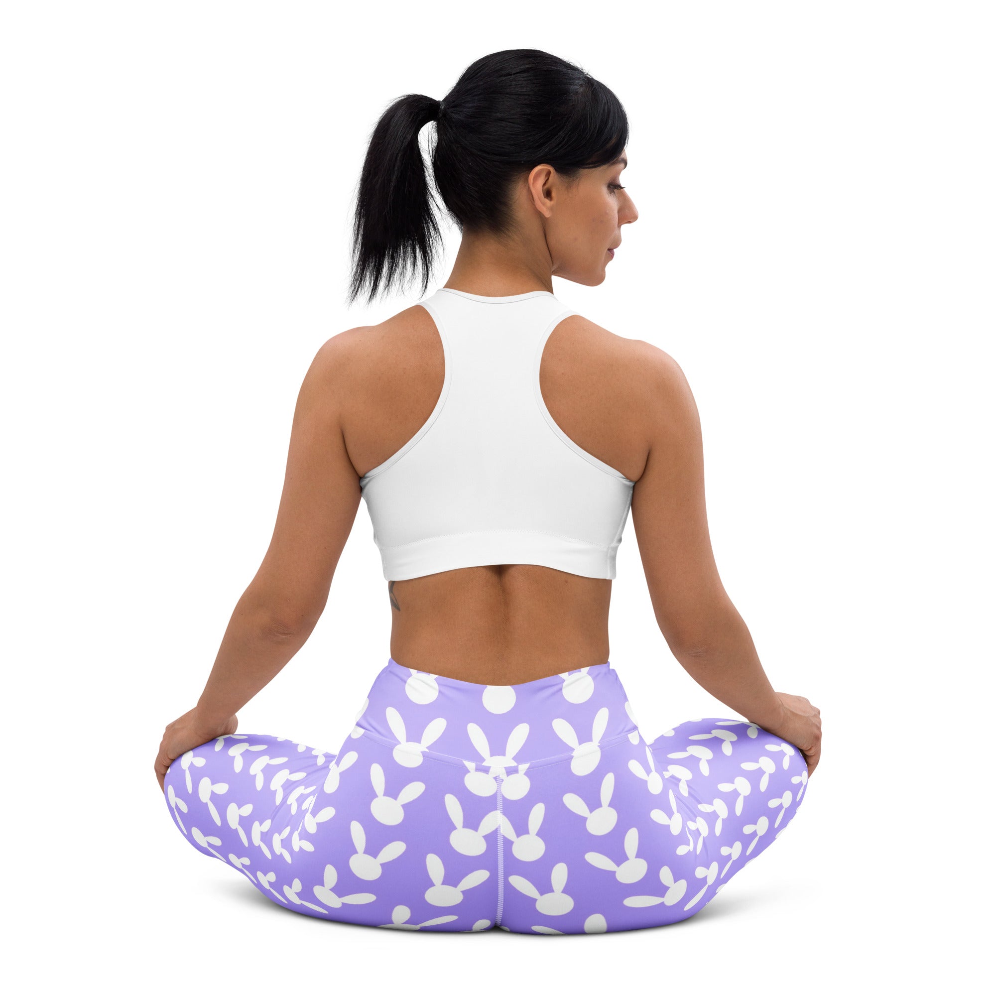 Women’s lavender bunny print buttery soft high waisted quick drying yoga leggings with white bunny pattern