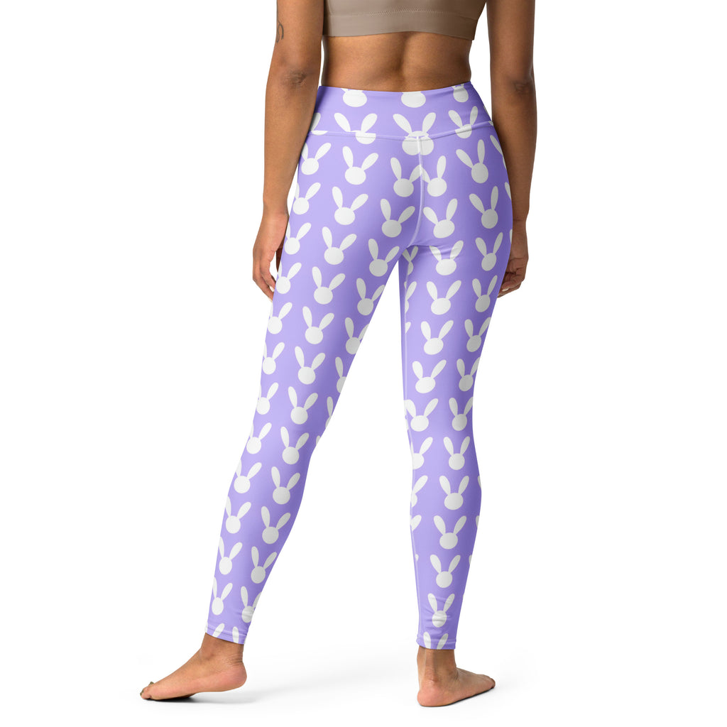 Women’s lavender bunny print buttery soft yoga leggings in purple with a repeating white bunny head pattern