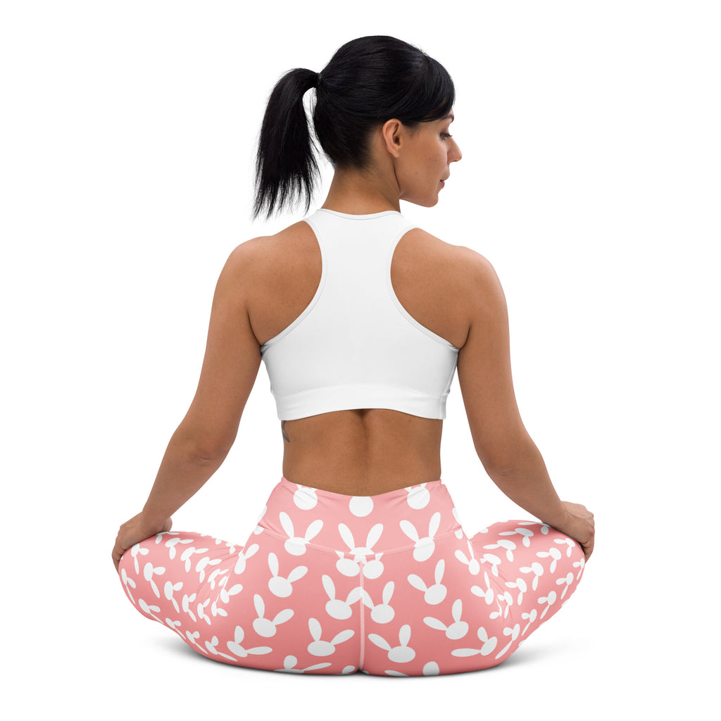 Women’s pink bunny print buttery soft high waisted yoga leggings with quick drying fabric and comfortable fit
