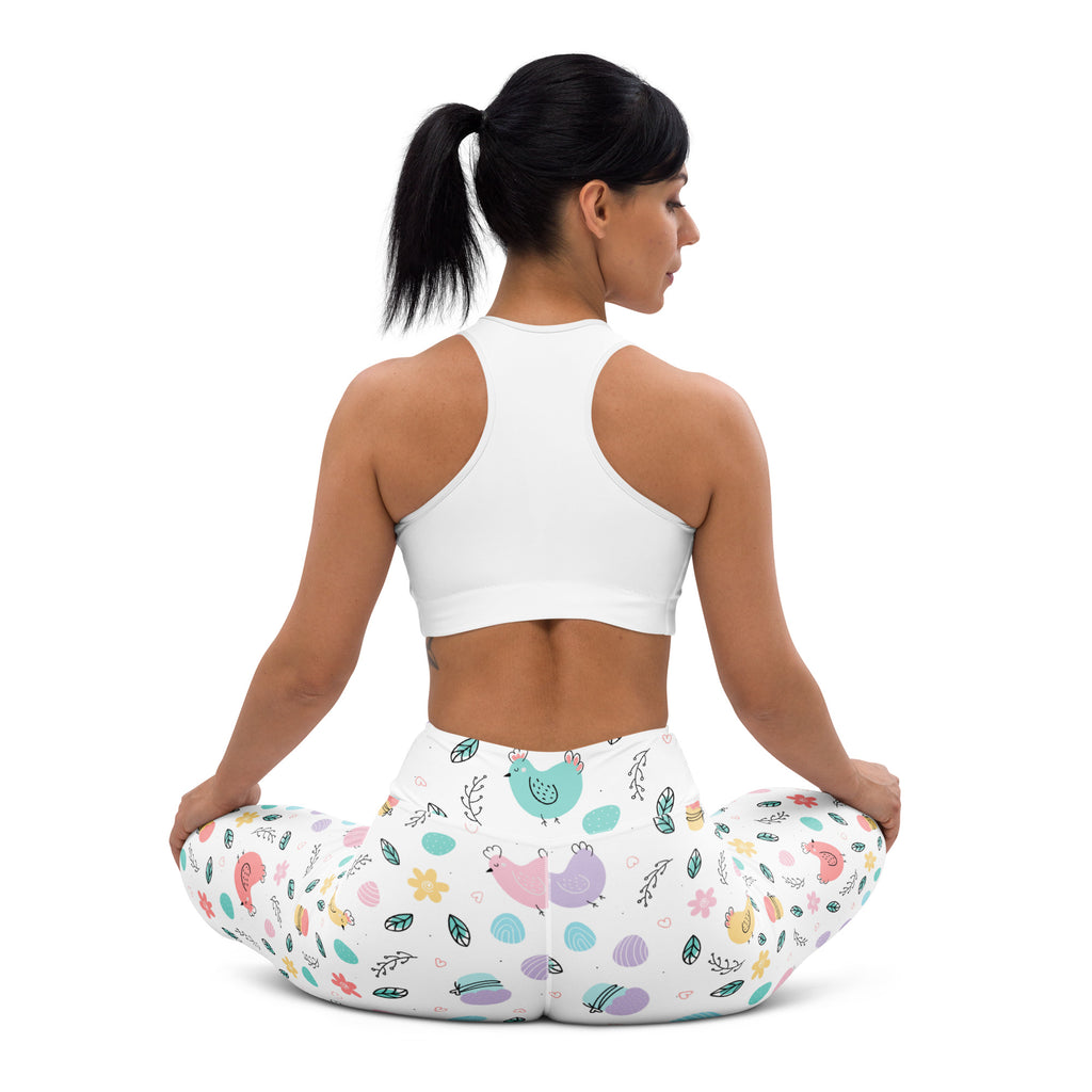 White buttery soft yoga leggings with pastel chicken flower and leaf pattern quick drying high waisted comfort