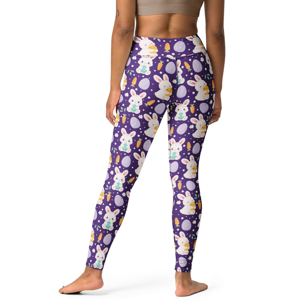Women’s purple Easter bunny buttery soft yoga leggings with white bunnies pastel eggs carrots quick drying high waisted