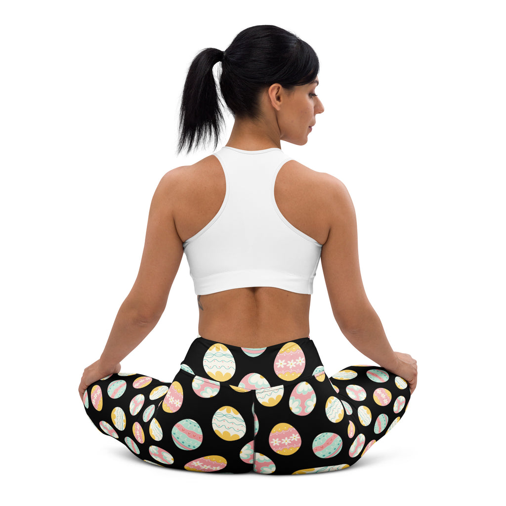 Women’s high waisted buttery soft black leggings with colorful pastel easter egg patterns for yoga and quick drying comfort