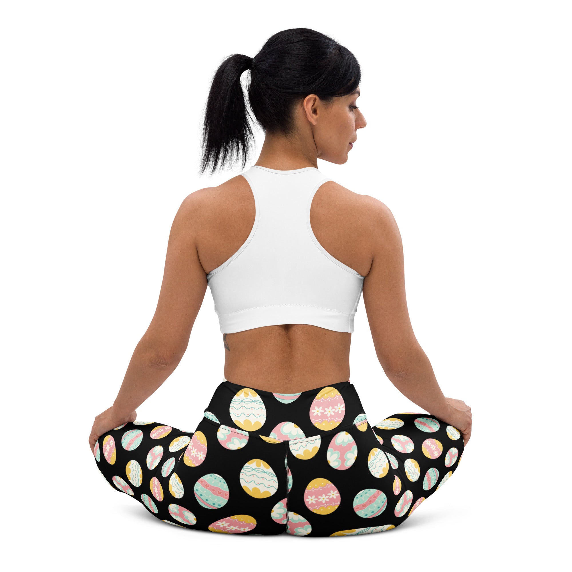 Women’s high waisted buttery soft black leggings with colorful pastel easter egg patterns for yoga and quick drying comfort