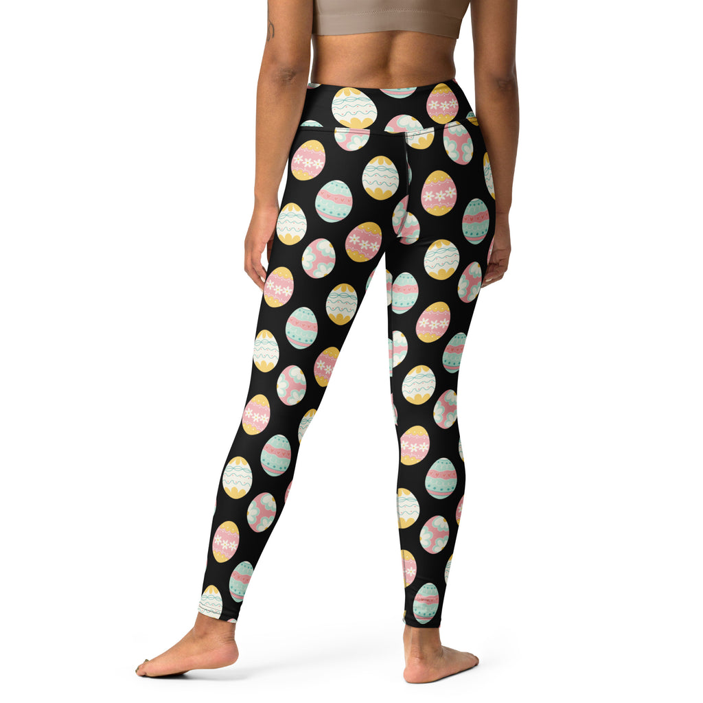 Black high waisted buttery soft yoga leggings with pastel easter eggs pattern and quick drying comfort for women