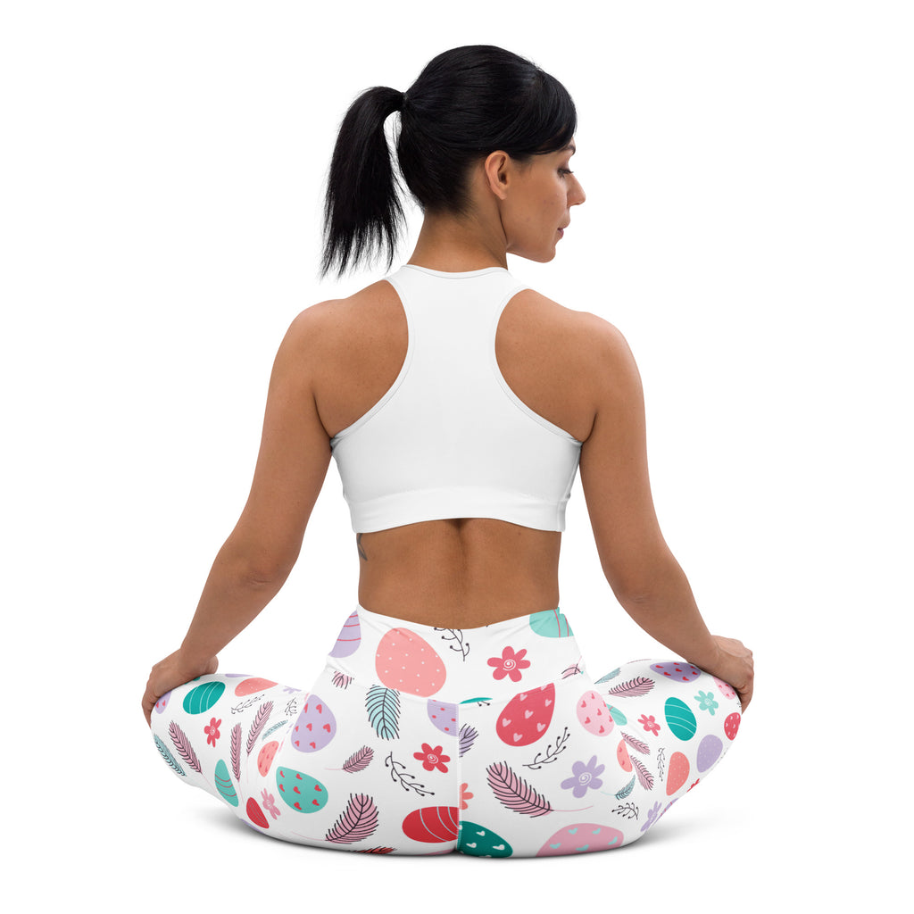 Women’s white buttery soft yoga leggings with pastel eggs floral pattern in pink teal purple quick drying high waisted