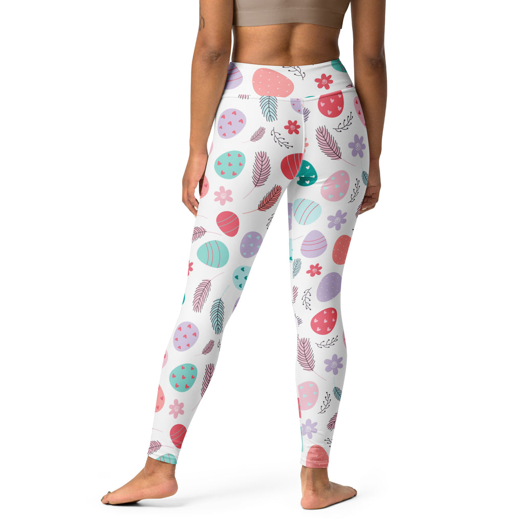 White women’s high waisted pastel easter egg and floral buttery soft quick drying yoga leggings with playful pattern