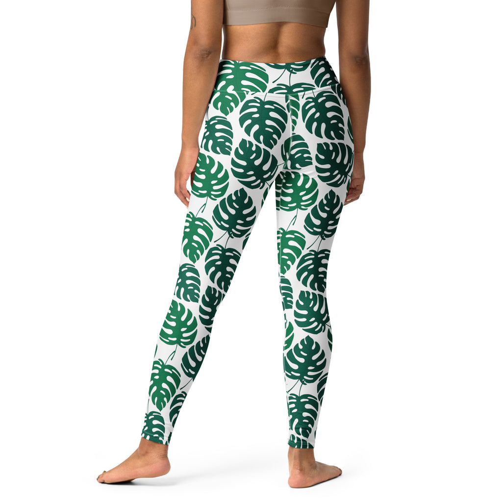 Women's Green Monstera Leaf Buttery Soft Yoga Leggings - Quick Drying, High Waisted Comfort