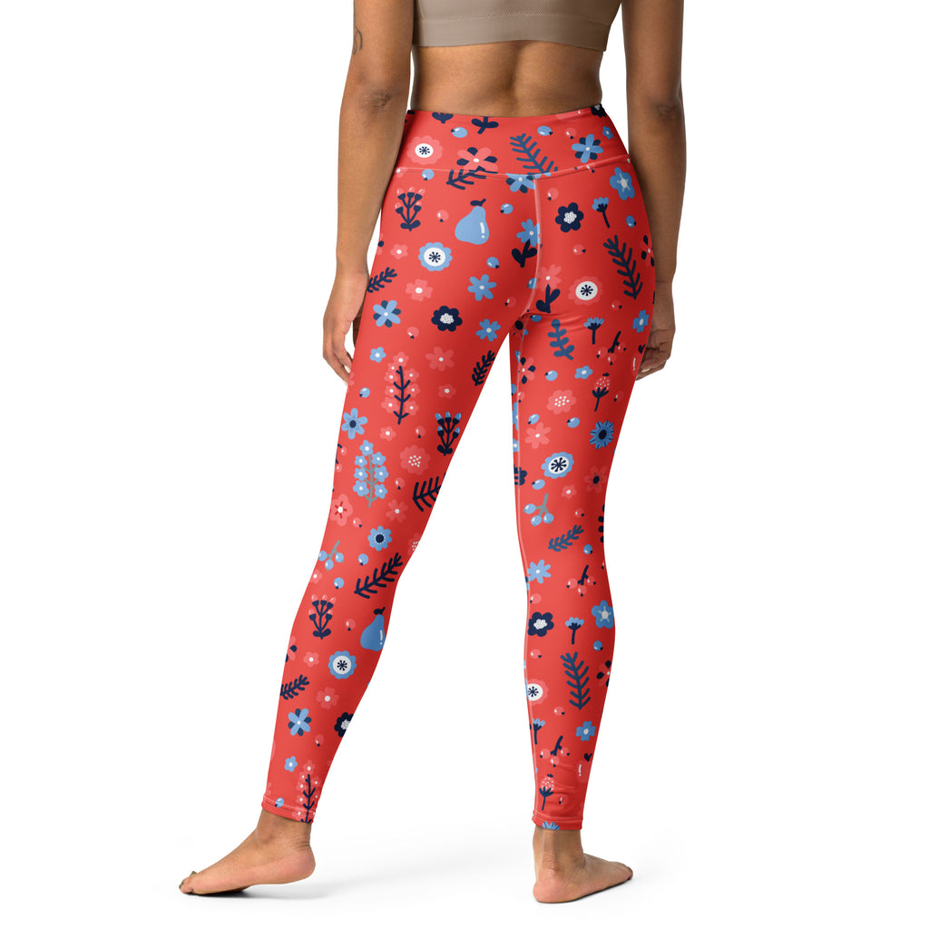 Women's Red Floral Buttery Soft Yoga Leggings - Quick Drying, High Waisted Comfort
