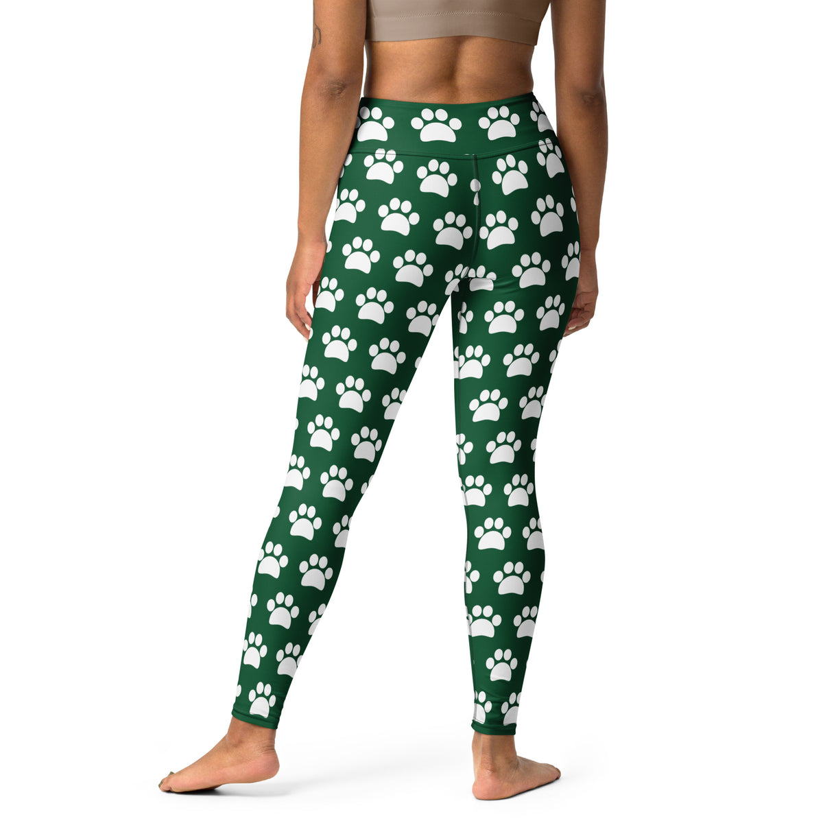 Women's Forest Green Paw Print Buttery Soft Yoga Leggings - Quick Drying, High Waisted Comfort