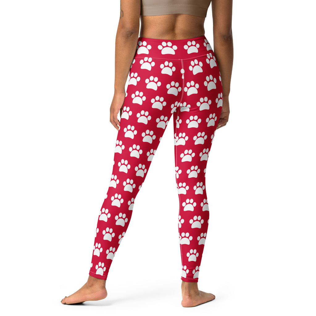 Women's Crimson Red Paw Print Buttery Soft Yoga Leggings - Quick Drying, High Waisted Comfort