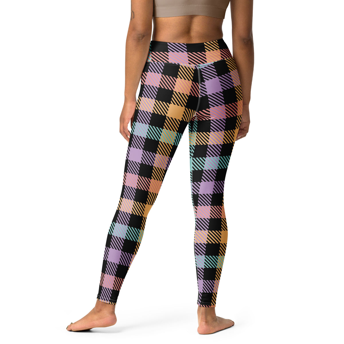 Women's Colorful Black Pastel Plaid Buttery Soft Yoga Leggings - Quick Drying, High Waisted Comfort