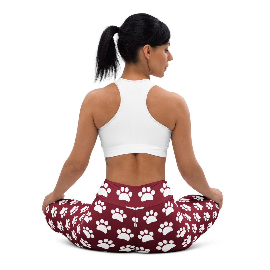 Women's Burgundy Paw Print Buttery Soft Yoga Leggings - Quick Drying, High Waisted Comfort