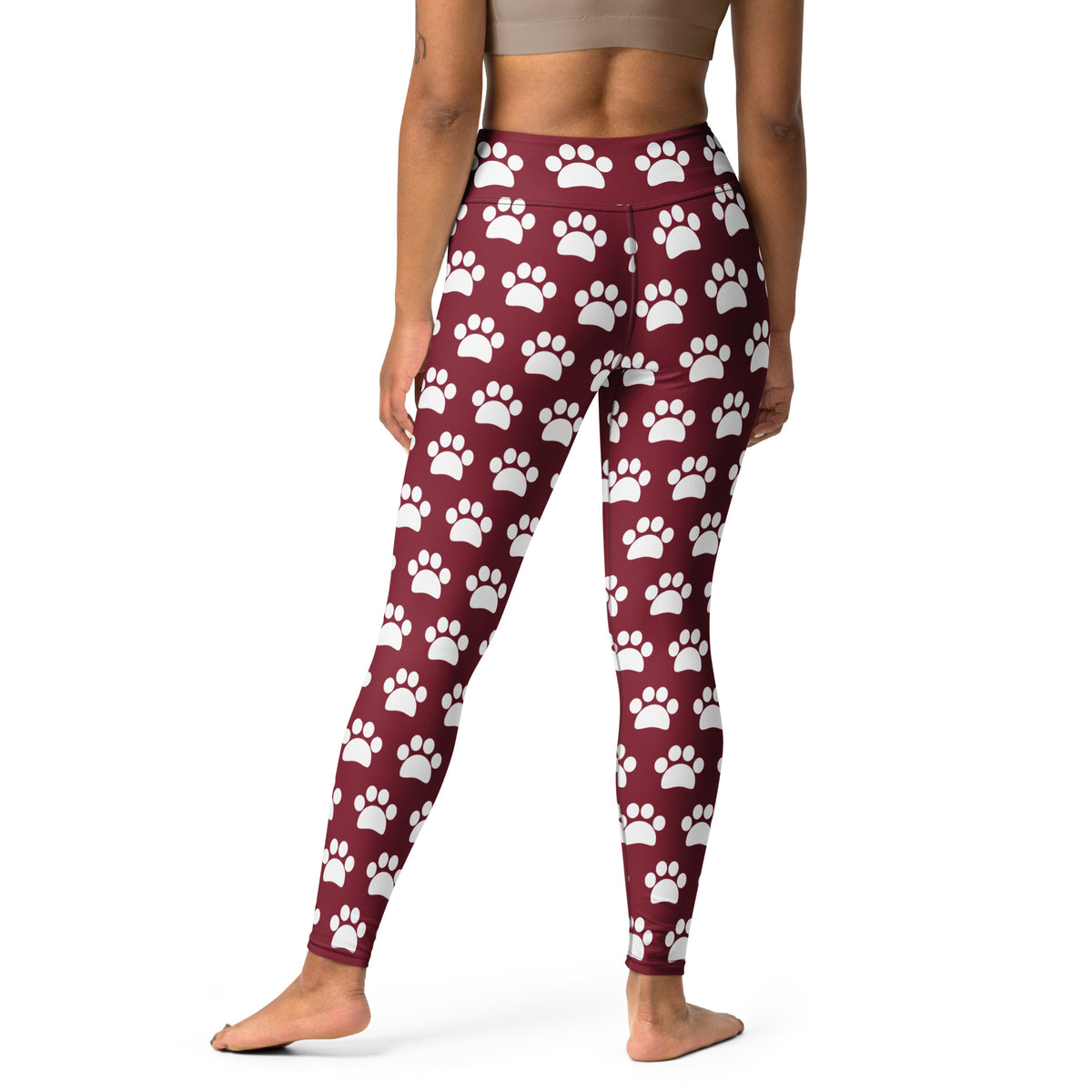 Women's Burgundy Paw Print Buttery Soft Yoga Leggings - Quick Drying, High Waisted Comfort