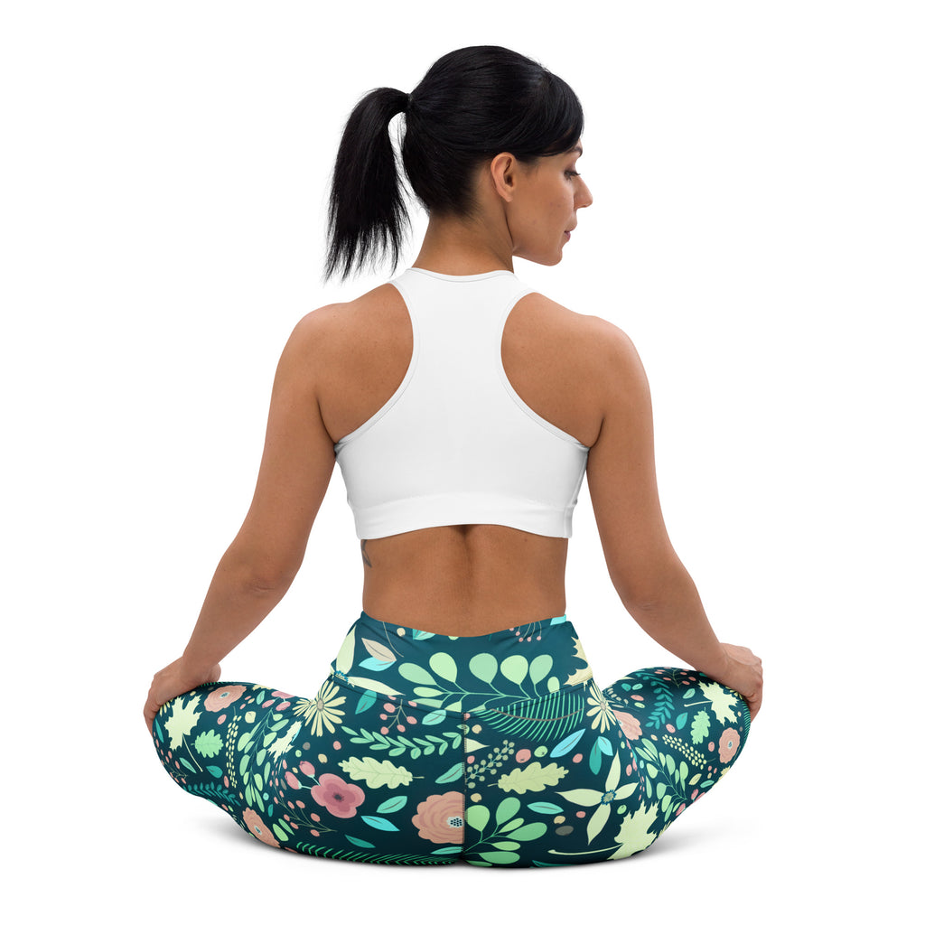 Women's Dark Green Floral Buttery Soft Yoga Leggings - Quick Drying, High Waisted Comfort