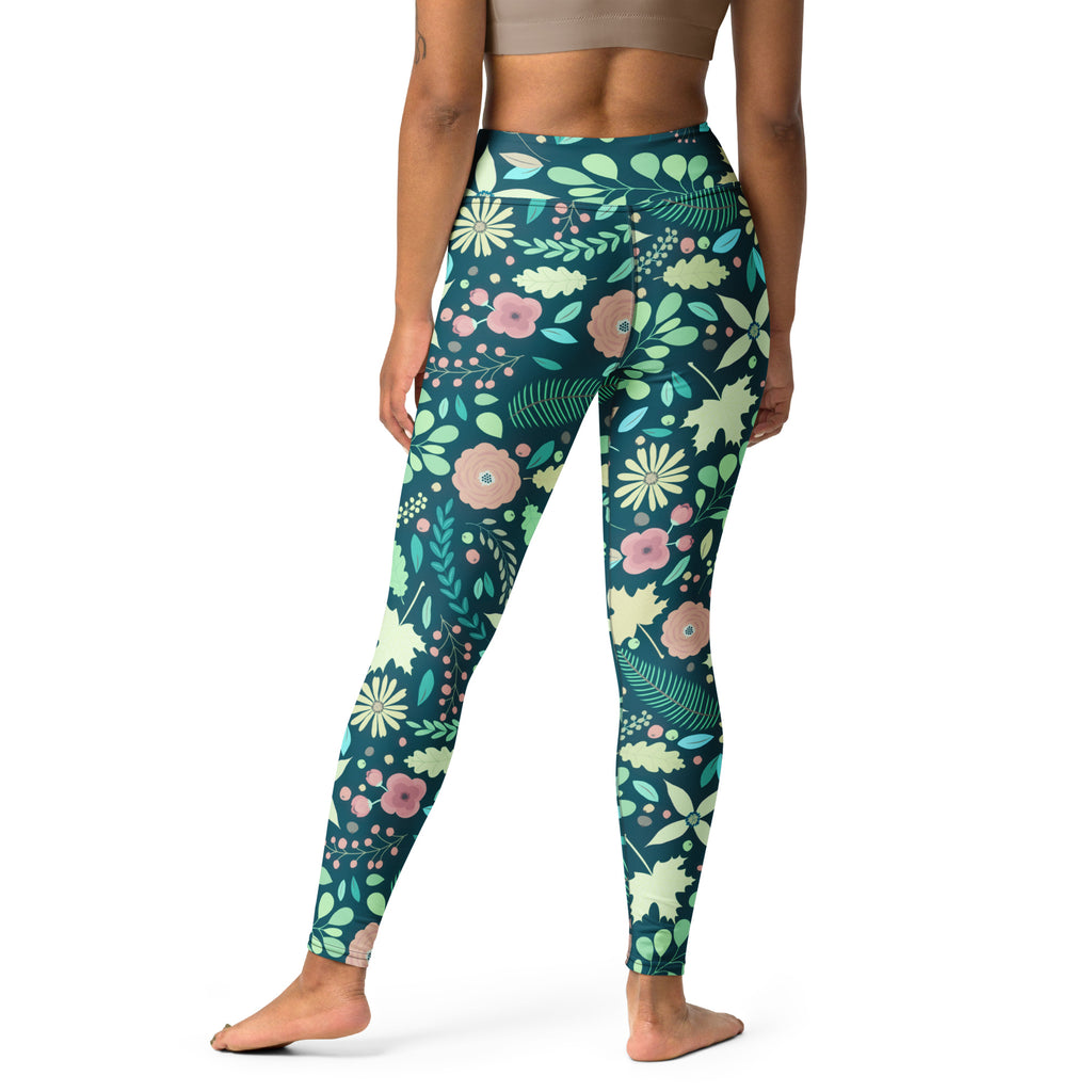 Women's Dark Green Floral Buttery Soft Yoga Leggings - Quick Drying, High Waisted Comfort