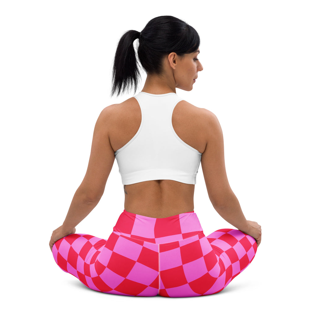 Women's Hot Pink Wavy Checkered Buttery Soft Yoga Leggings - Quick Drying, High Waisted Comfort