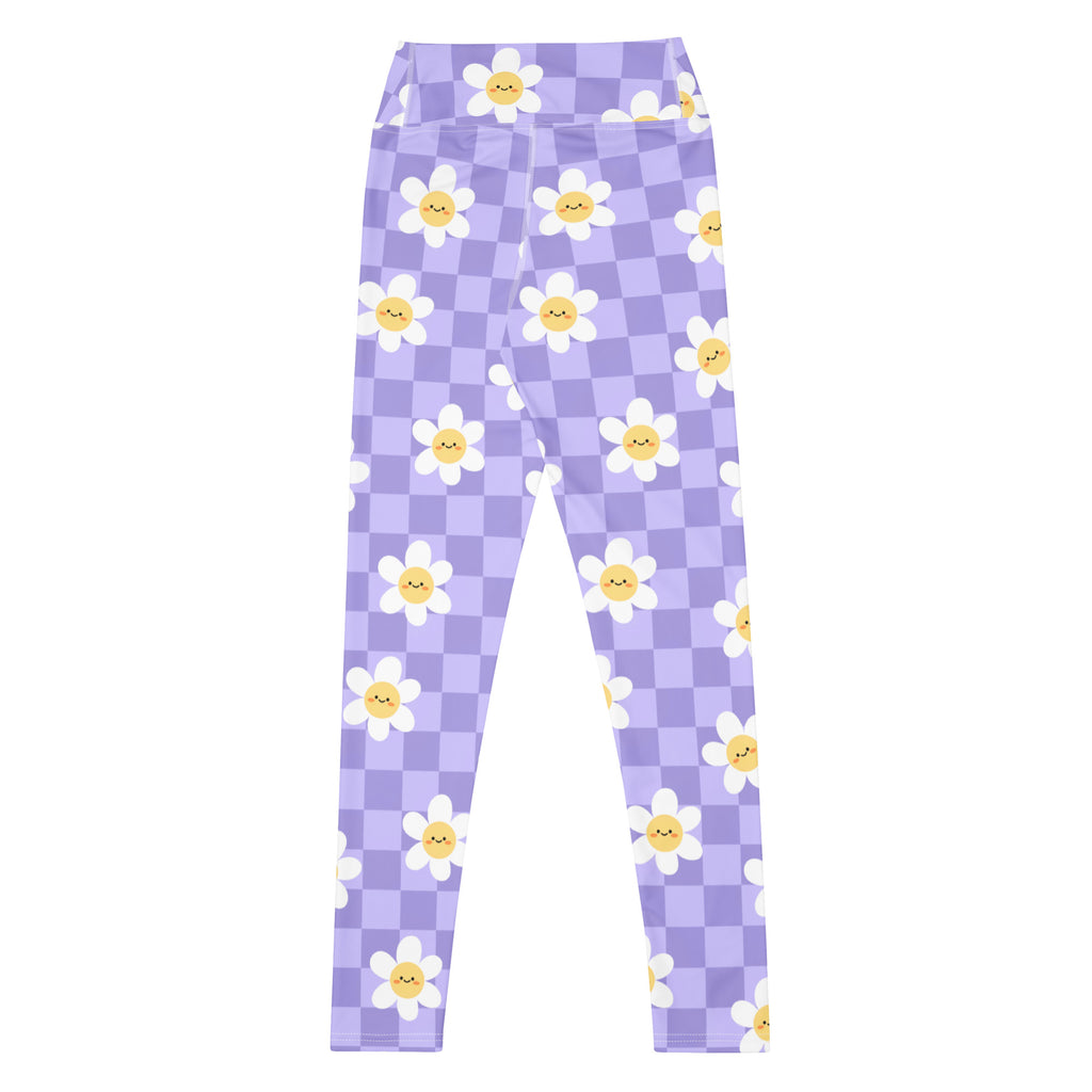 Women's Purple Daisy Checkered Buttery Soft Yoga Leggings - Quick Drying, High Waisted Comfort