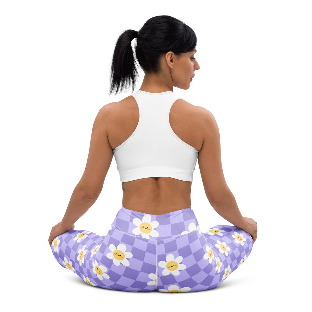 Women's Purple Daisy Checkered Buttery Soft Yoga Leggings - Quick Drying, High Waisted Comfort