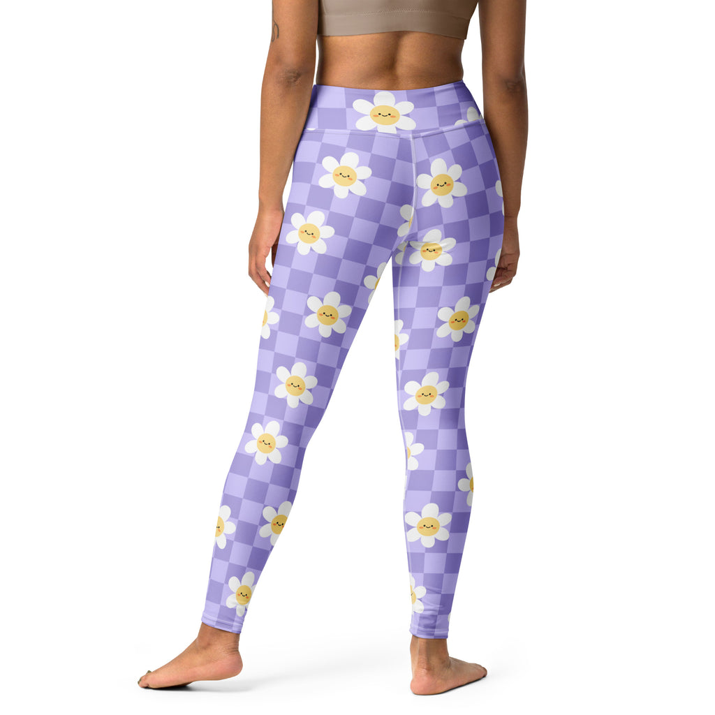 Women's Purple Daisy Checkered Buttery Soft Yoga Leggings - Quick Drying, High Waisted Comfort