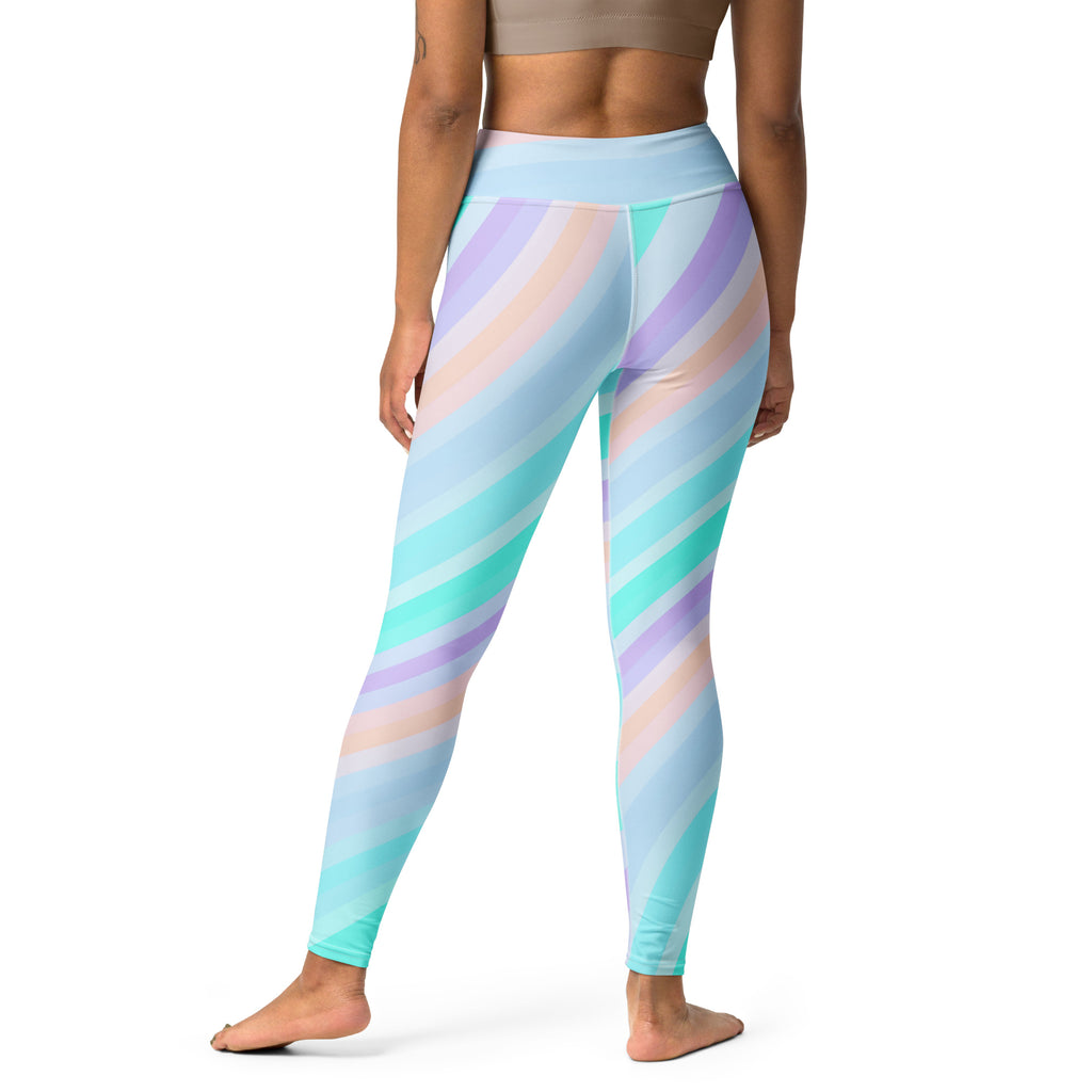 Women's Pastel Blue Rainbow Striped Buttery Soft Yoga Leggings - Quick Drying, High Waisted Comfort