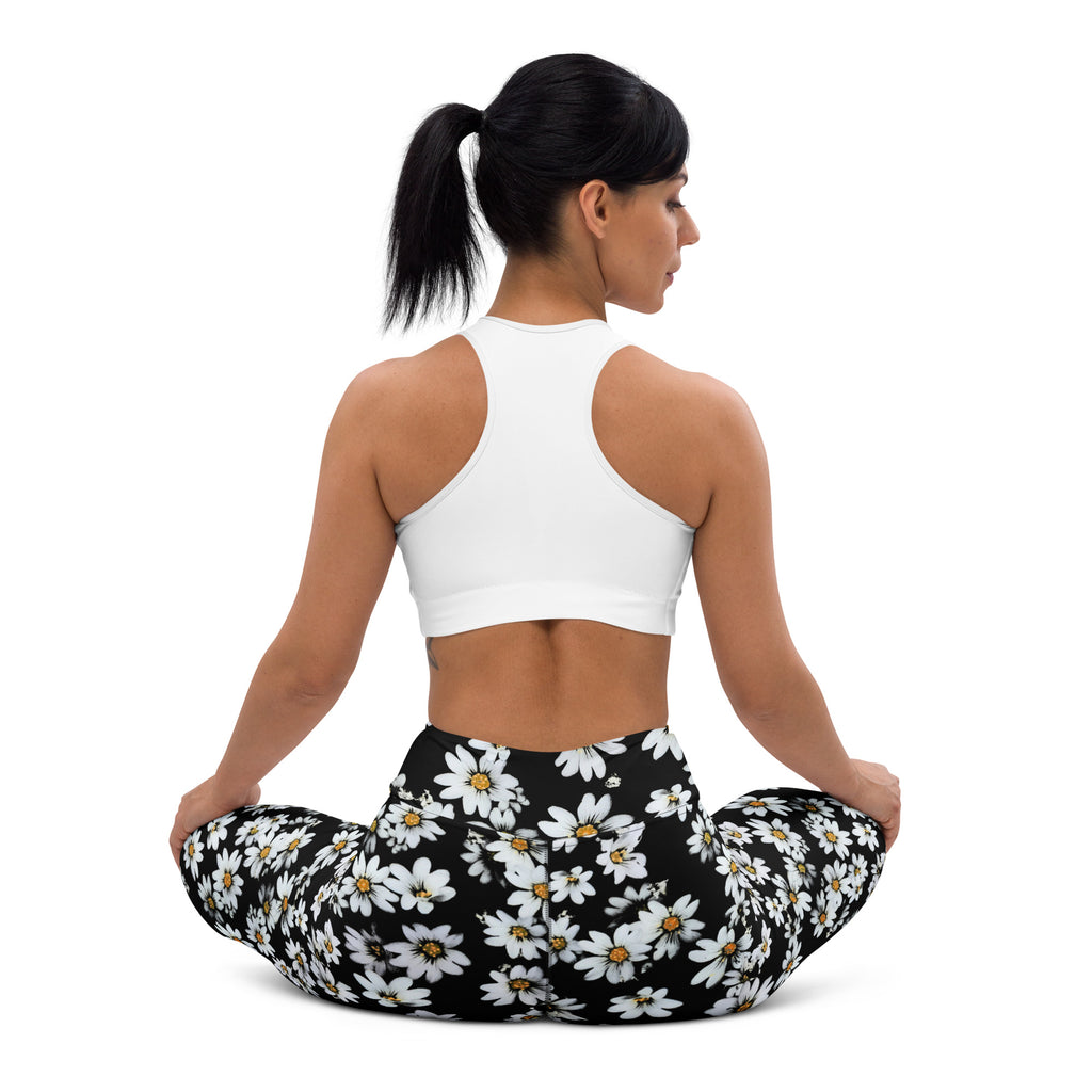 Women's Black Daisy Floral Buttery Soft Yoga Leggings - Quick Drying, High Waisted Comfort
