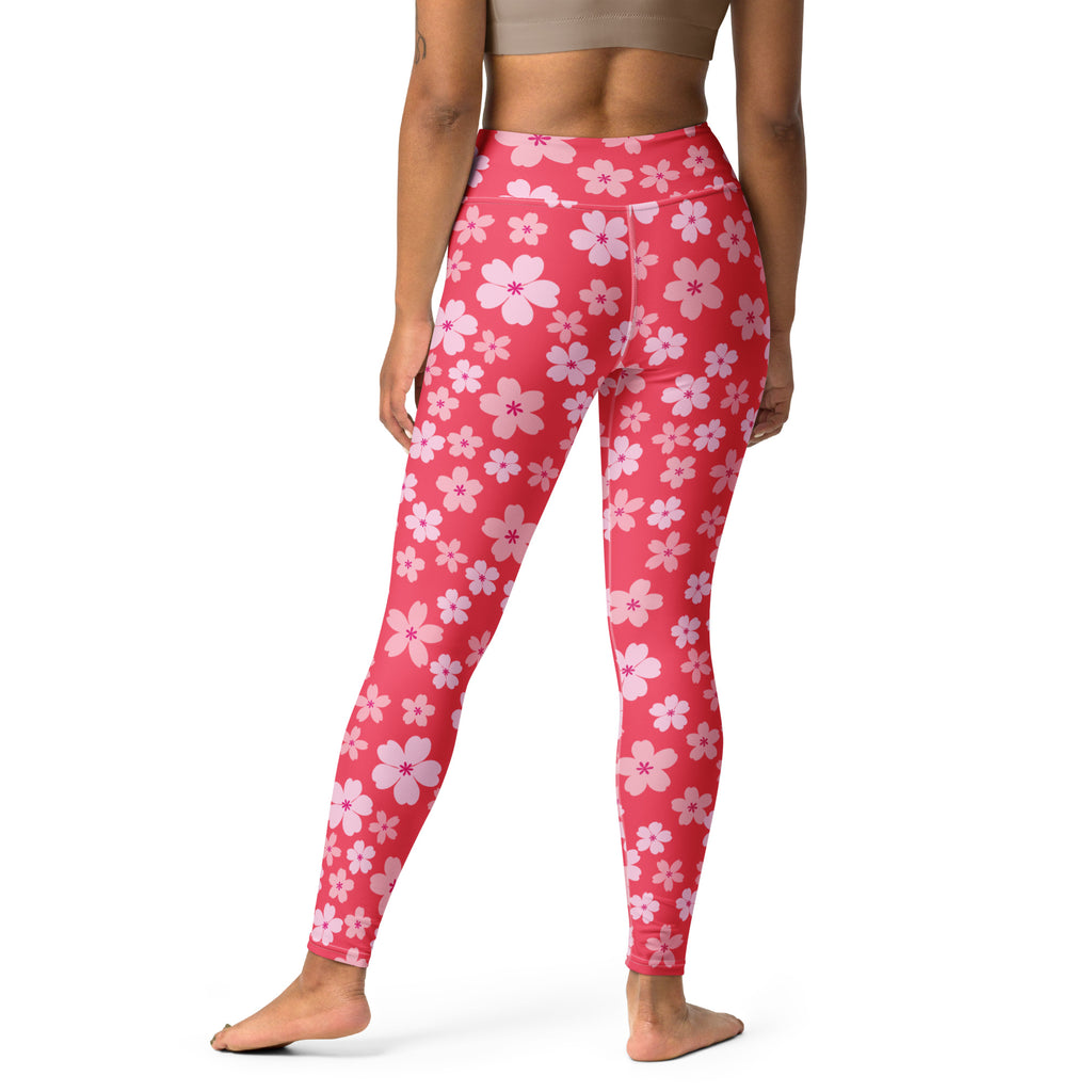 Women's Bright Pink Cherry Blossom Buttery Soft Yoga Leggings - Quick Drying, High Waisted Comfort