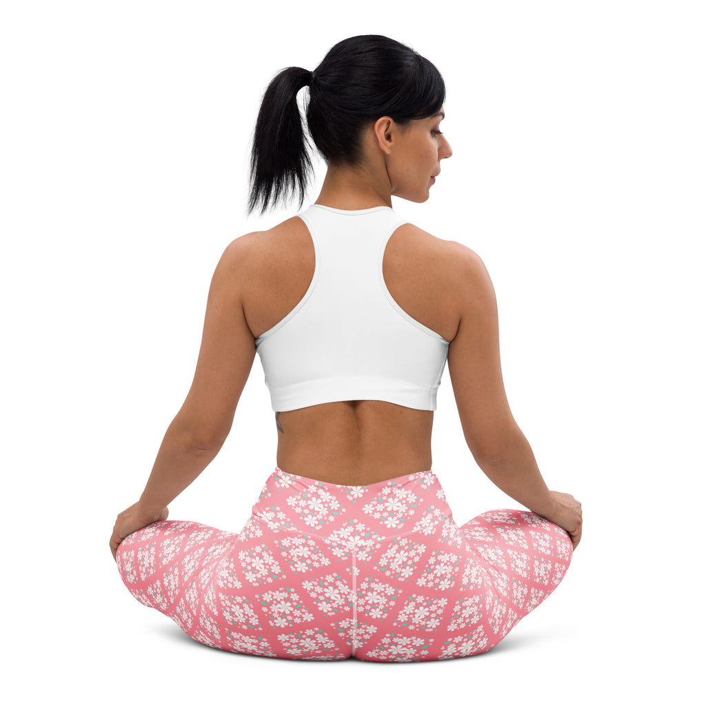Women's Pink Floral Diamond Buttery Soft Yoga Leggings - Quick Drying, High Waisted Comfort