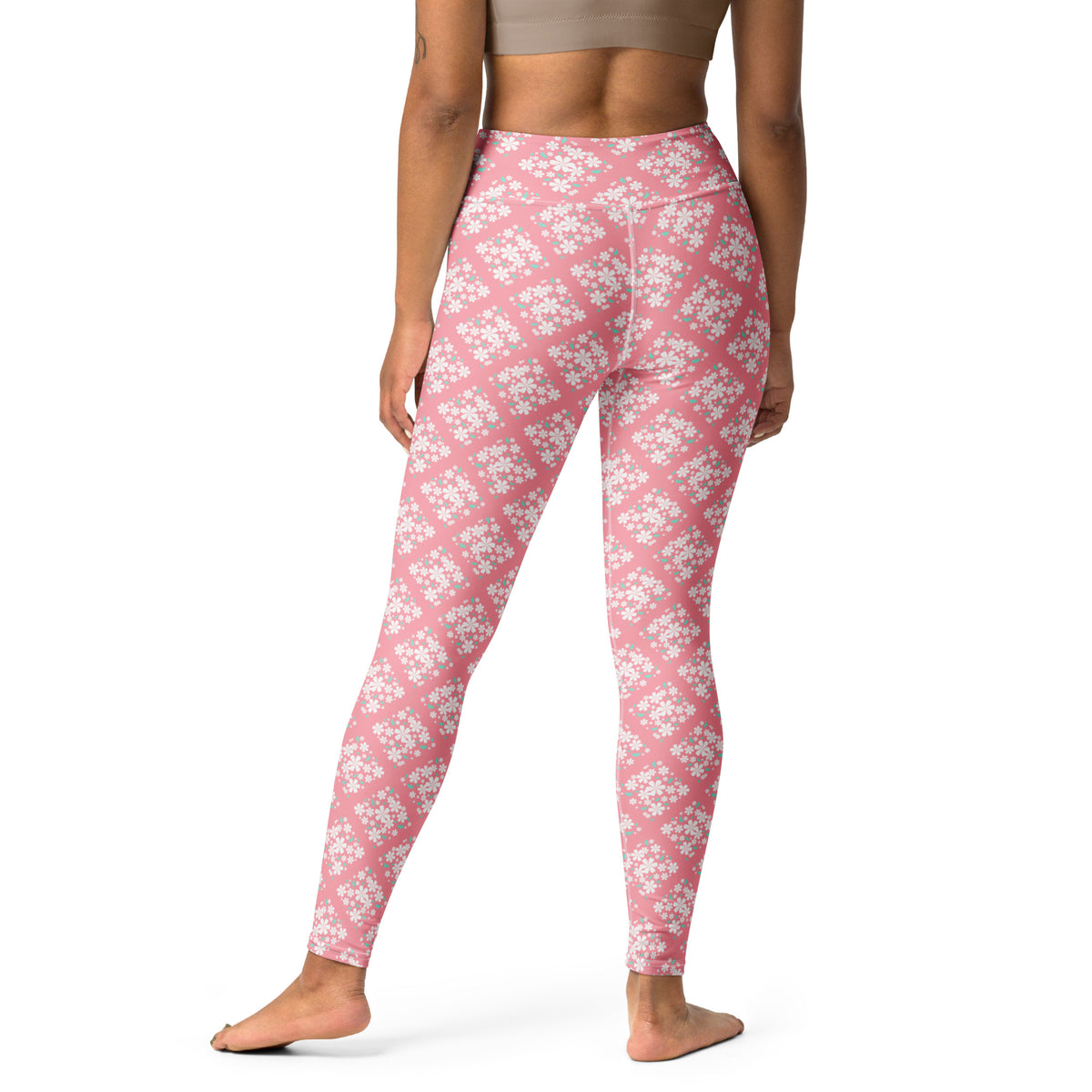 Women's Pink Floral Diamond Buttery Soft Yoga Leggings - Quick Drying, High Waisted Comfort