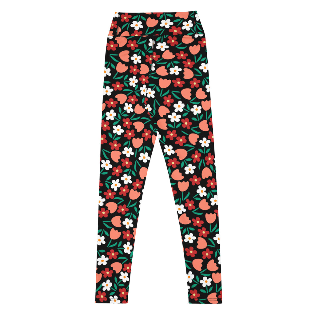 Women's Coral Red Floral Buttery Soft Yoga Leggings - Quick Drying, High Waisted Comfort