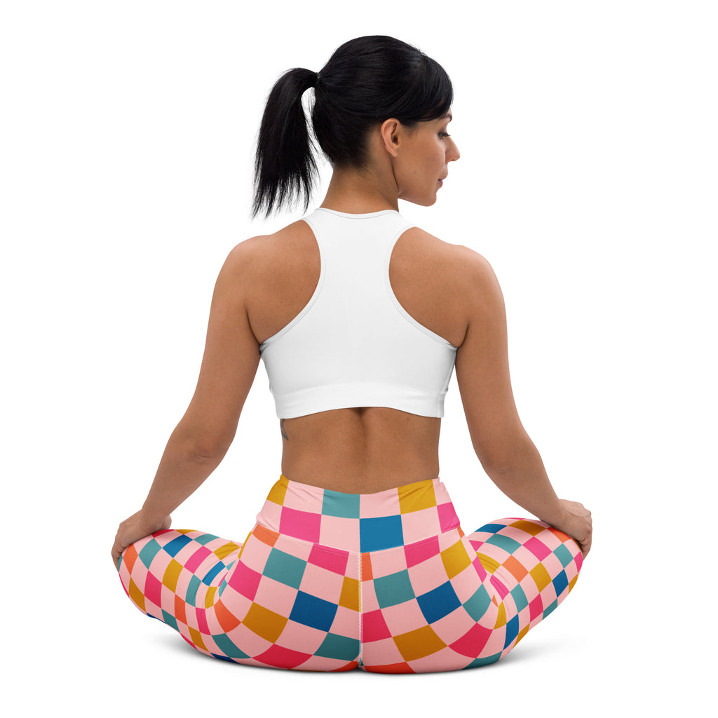 Women's Colorful Pink Checkered Buttery Soft Yoga Leggings - Quick Drying, High Waisted Comfort