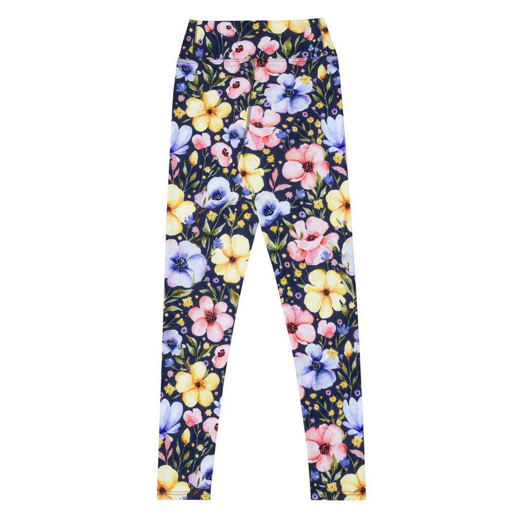 Women's Navy Watercolor Floral Buttery Soft Yoga Leggings - Quick Drying, High Waisted Comfort