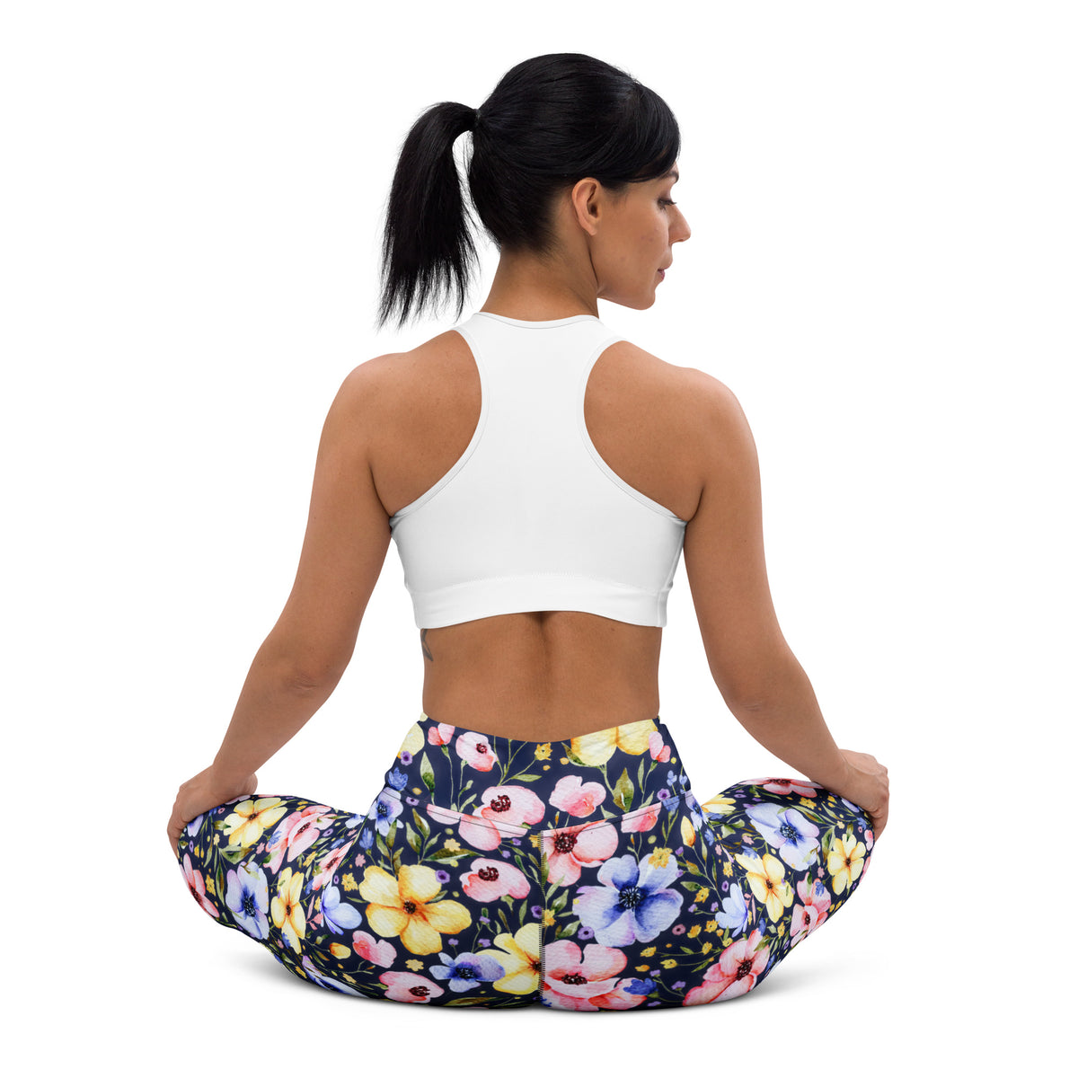 Women's Navy Watercolor Floral Buttery Soft Yoga Leggings - Quick Drying, High Waisted Comfort