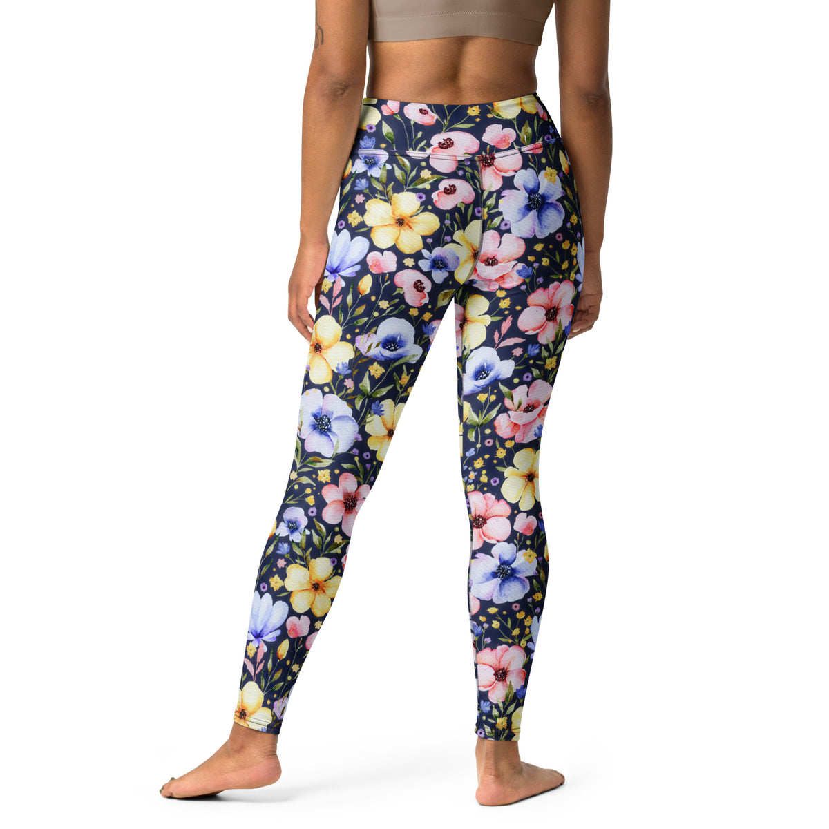 Women's Navy Watercolor Floral Buttery Soft Yoga Leggings - Quick Drying, High Waisted Comfort