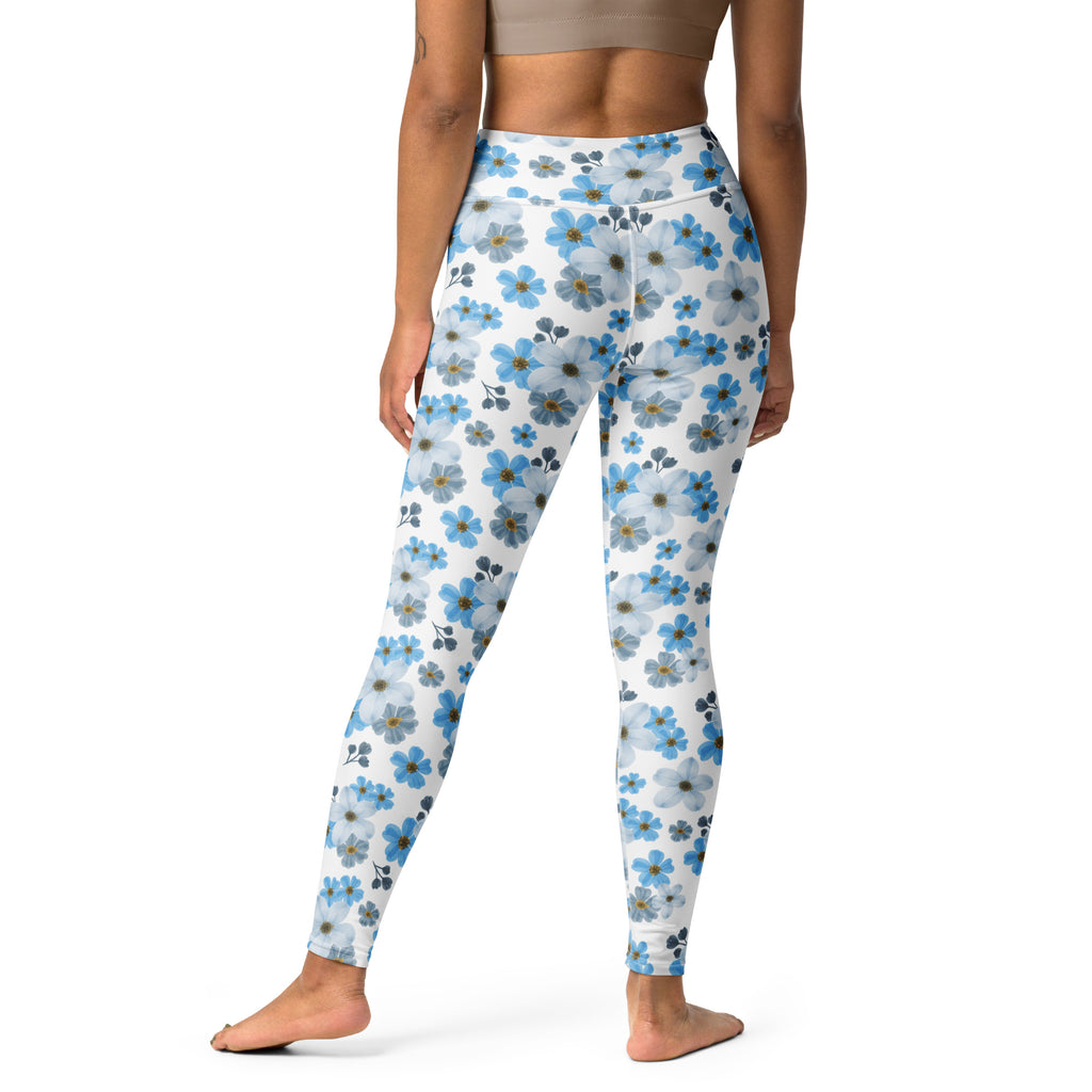 Women's Watercolor Blue Floral Buttery Soft Yoga Leggings - Quick Drying, High Waisted Comfort