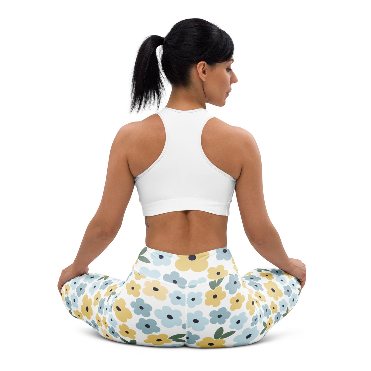 Women's Blue Yellow Floral Buttery Soft Yoga Leggings - Quick Drying, High Waisted Comfort