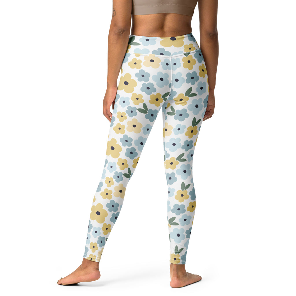 Women's Blue Yellow Floral Buttery Soft Yoga Leggings - Quick Drying, High Waisted Comfort