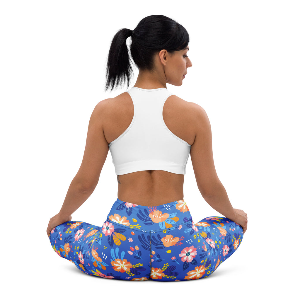 Women's Colorful Blue Floral Buttery Soft Yoga Leggings - Quick Drying, High Waisted Comfort